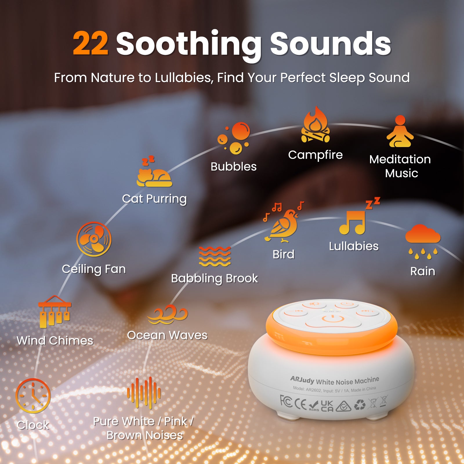 ARJudy Mini White Noise Machine, 22 Built-in Sounds, LED Night Light, 600mAh Rechargeable Battery, Portable and Easy to Use