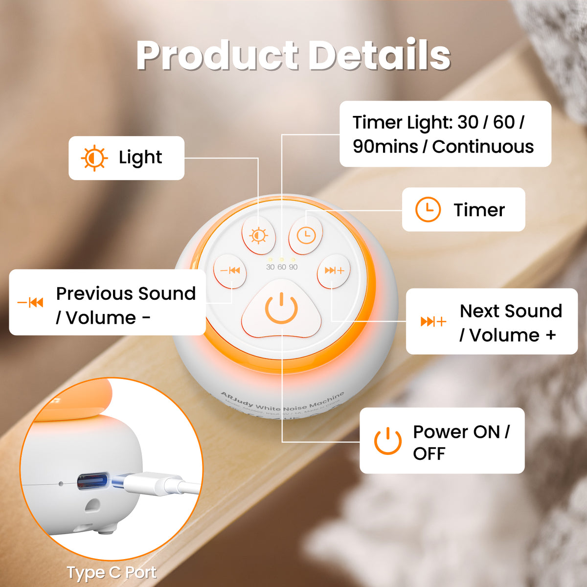 ARJudy Mini White Noise Machine, 22 Built-in Sounds, LED Night Light, 600mAh Rechargeable Battery, Portable and Easy to Use